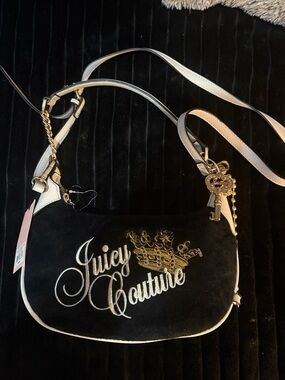 Juicy Couture Black Velvet Shoulder Bag with White Trim and Gold Charm Key